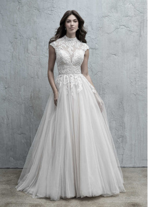 Cap Sleeve High Neck Beaded Ivory Lace Tulle Wedding Dress